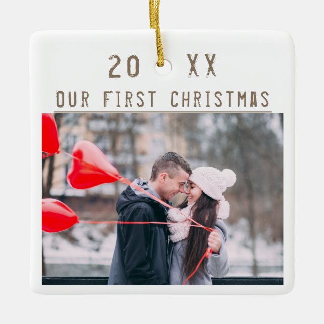 Loving Couple 1st Christmas Keepsake 2 Photos Ceramic Ornament (Front)