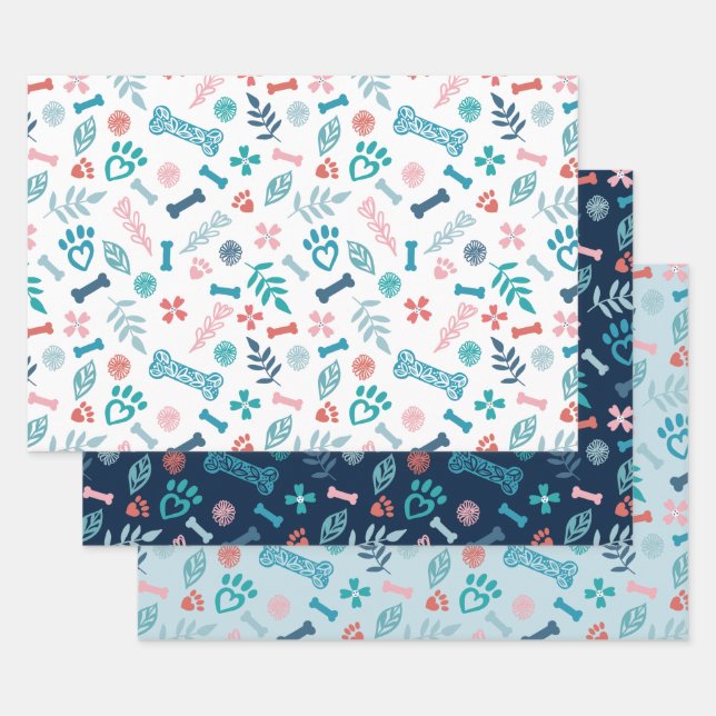 Loving Floral & Foliage Pet Paw Print Wrapping Paper Sheet (Set)