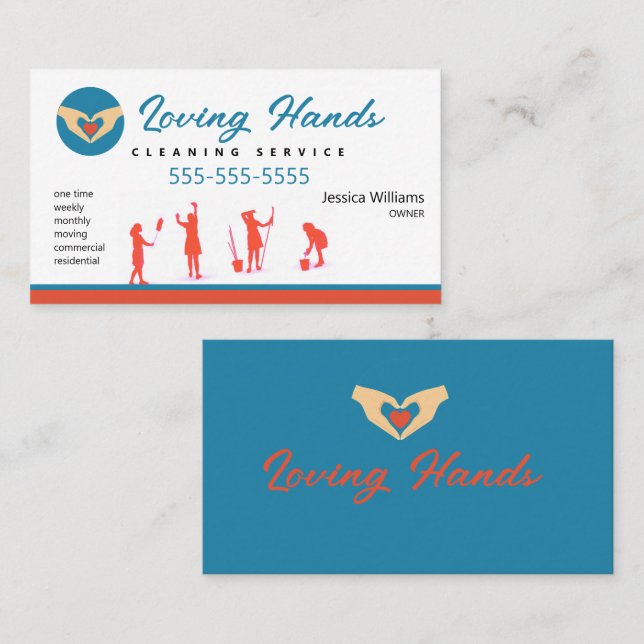 Loving Hands Red and Blue Cleaning Service Business Card (Front/Back)