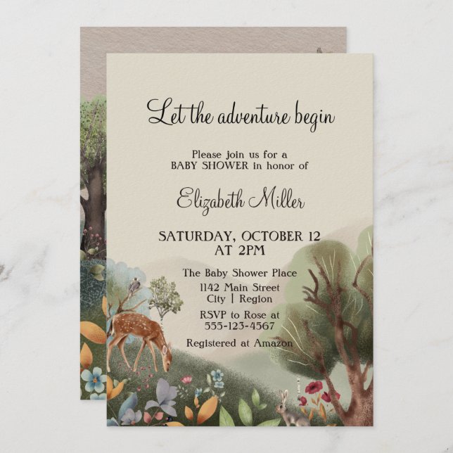  Loving Illustrated Flowers Trees Deer Baby Shower Invitation (Front/Back)