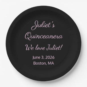 Loving Letters: Black & Pink Quinceanera Paper Plate