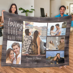 Loving Life with You 5 Photo Collage Rustic Wood Fleece Blanket