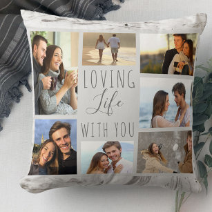 Loving Life with You 7 Photo Collage Grey Marble Cushion