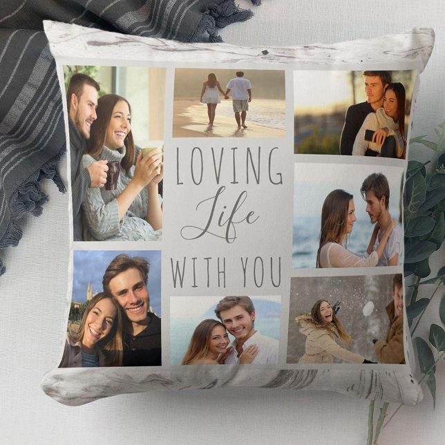 Loving Life with You 7 Photo Collage Grey Marble Cushion (Creator Uploaded)