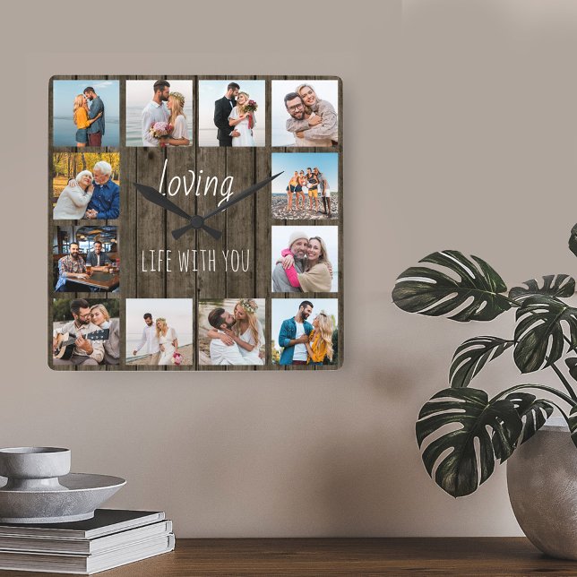 Loving Life with You Quote 12 Photo Wood Square Wall Clock (Wood effect clock with 12 photos - lettered with "loving life with you")