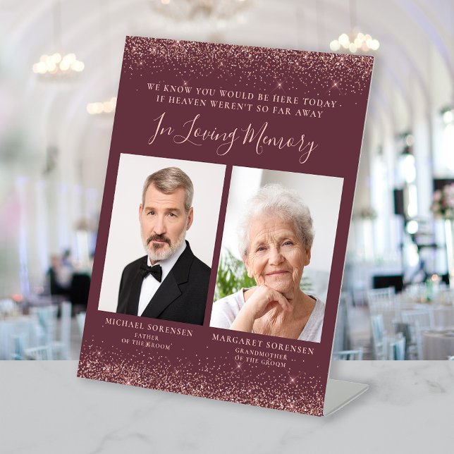 Loving Memory 2 Photo Burgundy Rose Gold Wedding Pedestal Sign (Creator Uploaded)