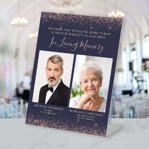 Loving Memory 2 Photo Dark Blue Rose Gold Wedding Pedestal Sign