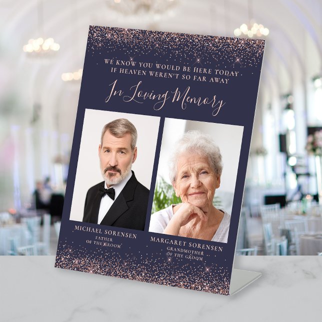 Loving Memory 2 Photo Dark Blue Rose Gold Wedding Pedestal Sign (Creator Uploaded)