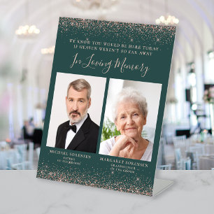 Loving Memory 2 Photo Dark Green Rose Gold Wedding Pedestal Sign