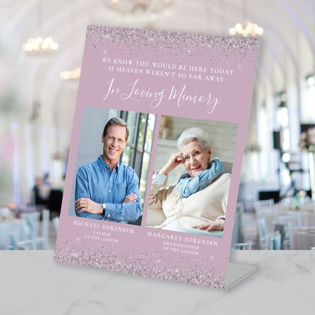 Loving Memory 2 Photo Dusty Lilac Silver Wedding Pedestal Sign (Creator Uploaded)