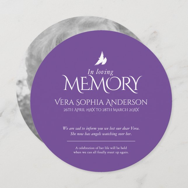 Loving memory dove purple photo death announcement (Front/Back)