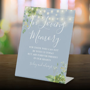 Loving Memory Greenery Lights Dusty Blue Wedding Pedestal Sign