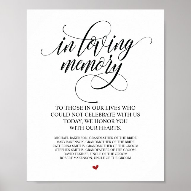 Loving Memory In Our Heart Memorial table Sign (Front)