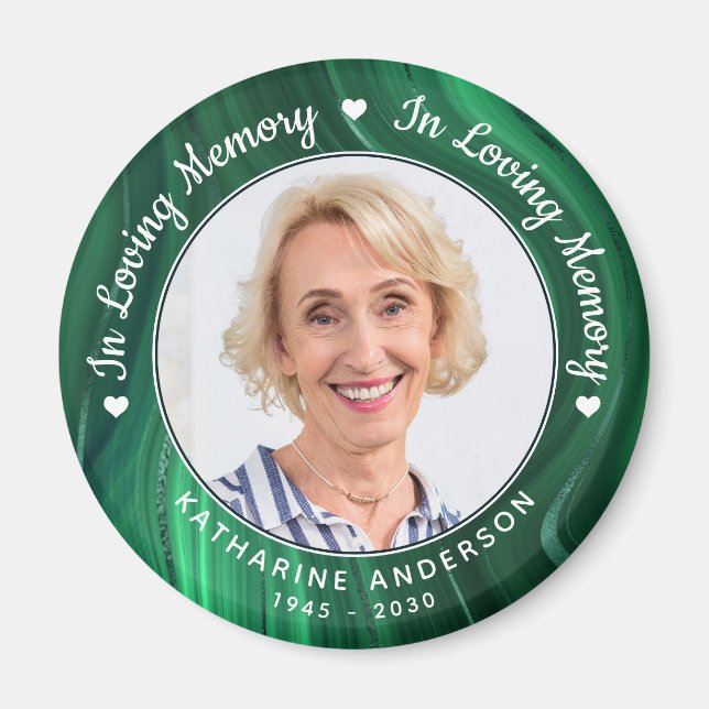 Loving Memory Memorial Green Marble Photo Funeral Magnet (Front)