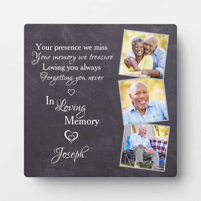 Loving Memory Personalised Modern 3 Photo Memorial Plaque (Front)