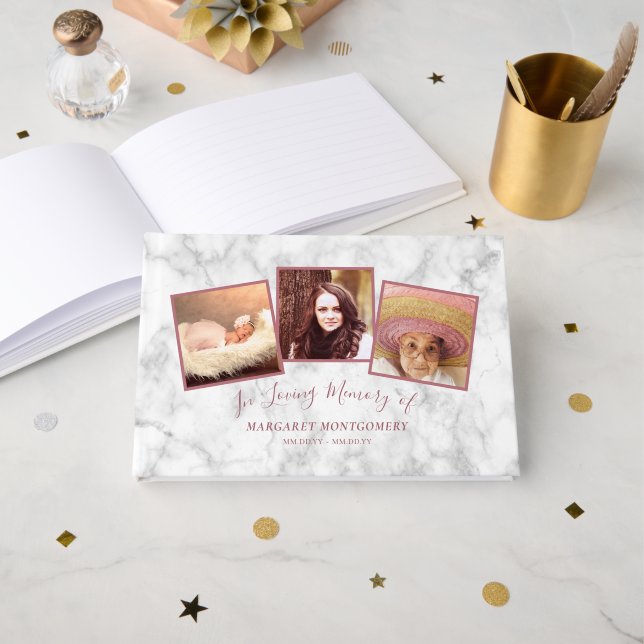 Loving Memory Rose Gold Pink Marble Photo Collage Guest Book (Front Open)
