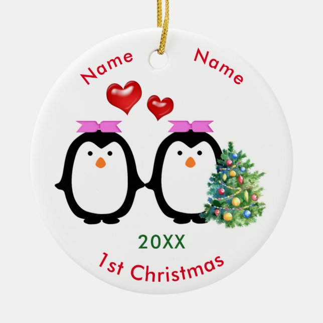 Loving Penguin Couple Two Females 1st Christmas Ceramic Tree Decoration (Front)