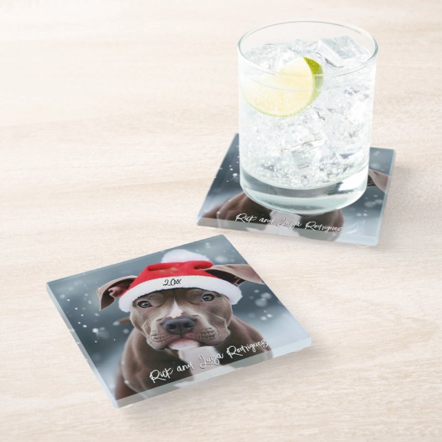 Loving Pit Bull with Santa Hat Christmas Glass Coaster (Angled)