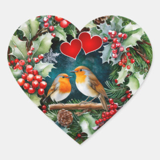 Loving robins, holly and hearts heart sticker