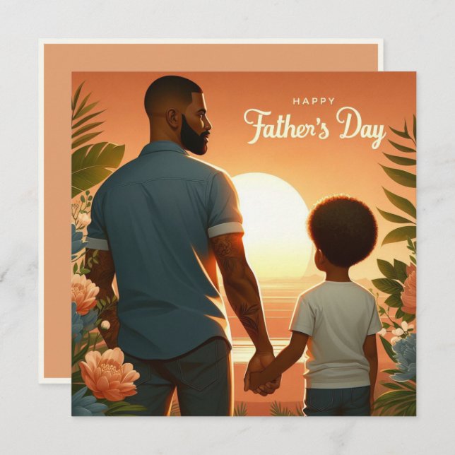Loving Sunset Embrace Ethnic Father & Son Holiday Card (Front/Back)