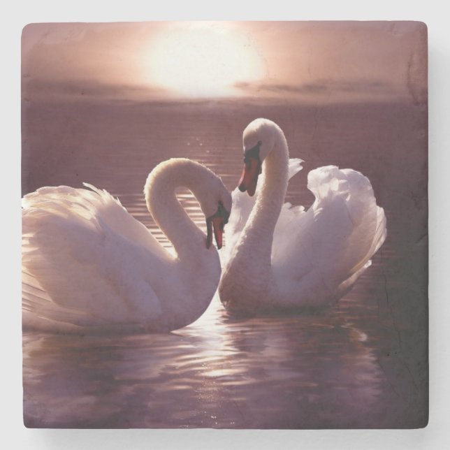 Loving Swans Forming a Heart Stone Coaster (Front)