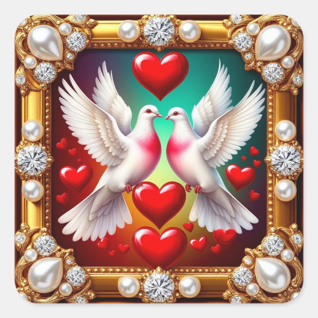 Loving White Doves Framed with Hearts Square Sticker (Front)