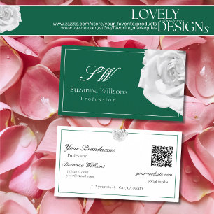 Lovingly White Rose on Green with Initials QR Code Business Card