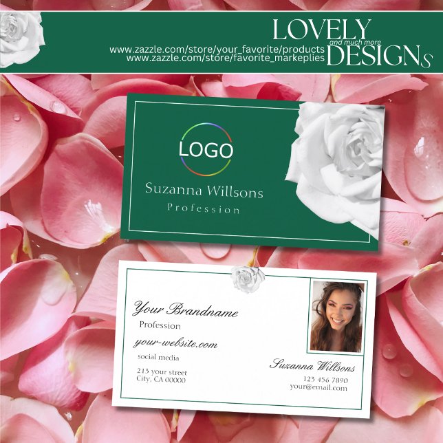 Lovingly White Rose on Green with Logo and Photo Business Card (Creator Uploaded)