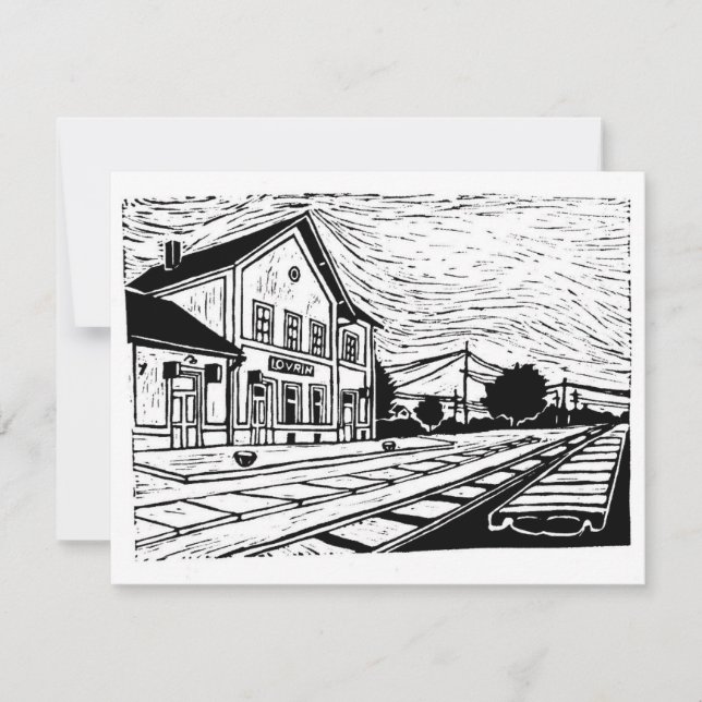 Lovrin Station Linocut RSVP Card (Front)