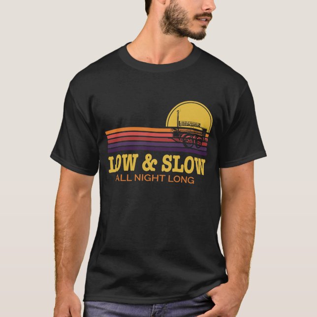 Low and Slow Retro BBQ Smoker Sunset Grilling Desi T-Shirt (Front)