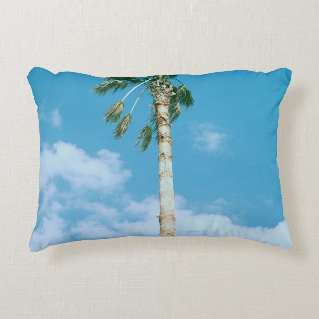 Low-angle photo of palm trees under blue sky decorative cushion (Front)