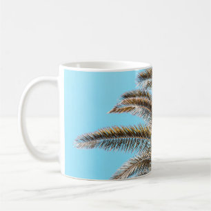 Low-angle photography of a green palm tree under a coffee mug