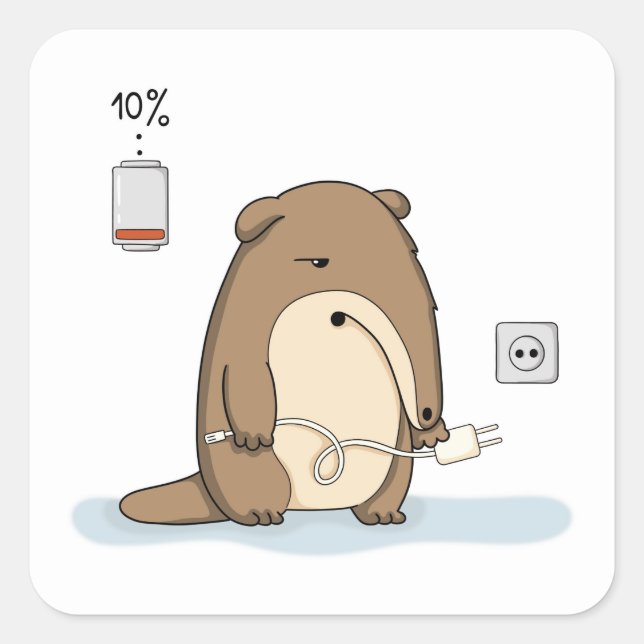 Low Battery Beaver with Charger | Funny Burnout Il Square Sticker (Front)