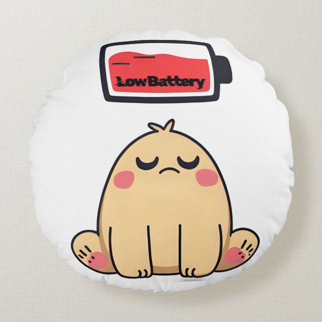 Low Battery Mood – Funny Comic Doodle Round Cushion (Front)