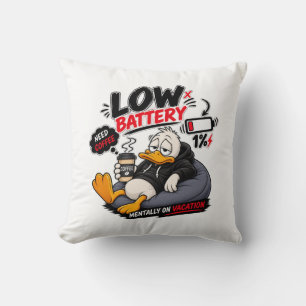 Low Battery Need Coffee – Funny Sleepy Duck Design Cushion