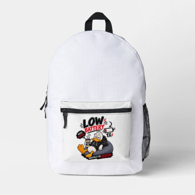 Low Battery Need Coffee – Funny Sleepy Duck Design Printed Backpack (Front)