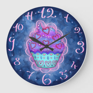Low blue/pink cupcake with pink hearts large clock