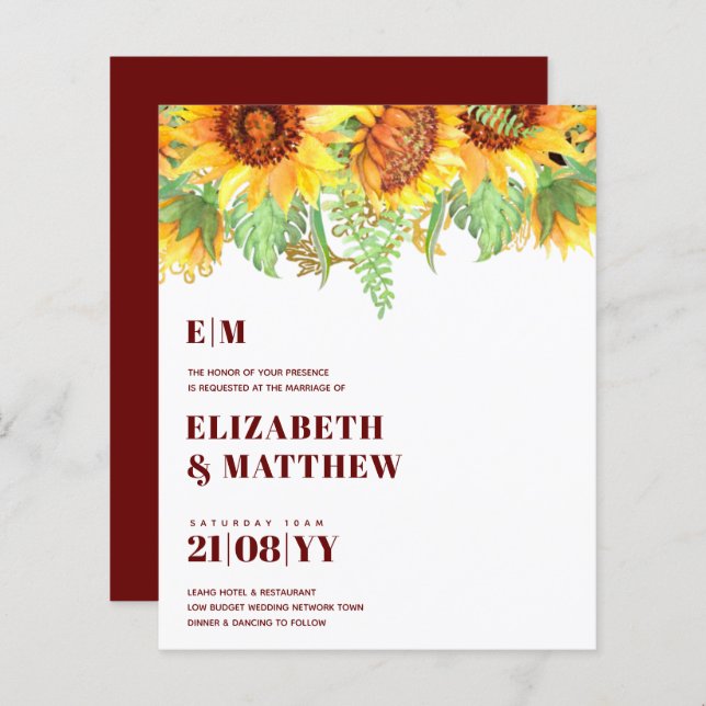 Low Budget BURGUNDY Sunflowers Wedding (Front/Back)