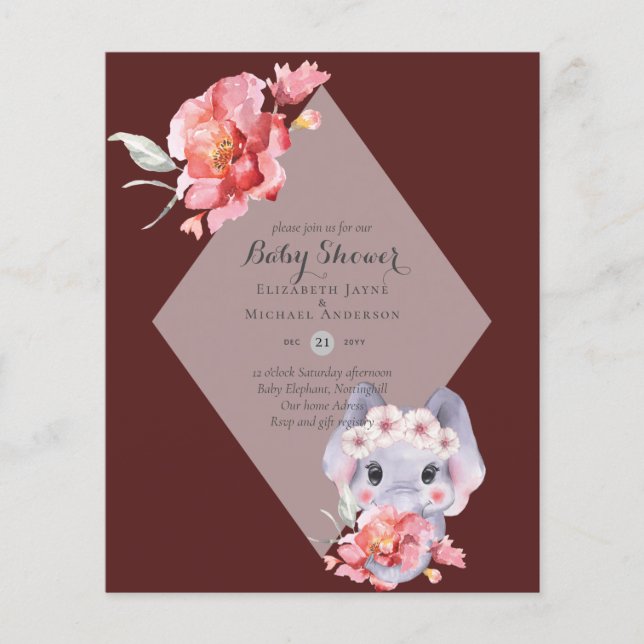 LOW BUDGET Elephant BABY GIRL SHOWER Invite Flyer (Front)