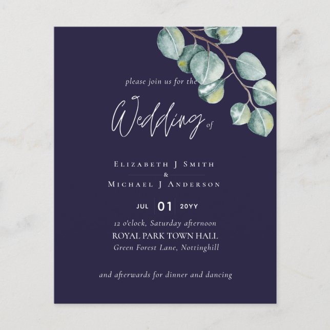 LOW BUDGET NAVY White Sage Eucalyptus Wedding Flyer (Front)