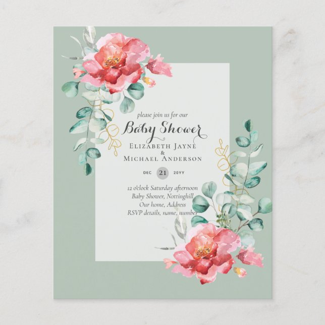 LOW BUDGET Red Floral BABY SHOWER Invitation Flyer (Front)