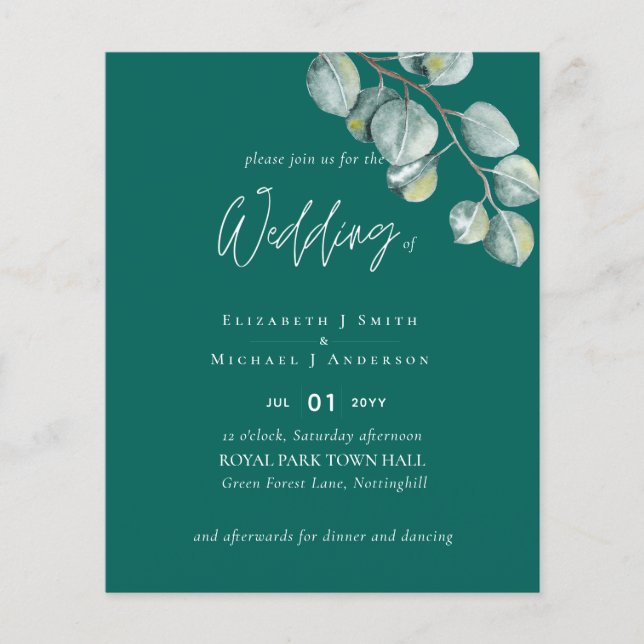 Low Budget TEAL White EUCALYPTUS Wedding Flyer (Front)