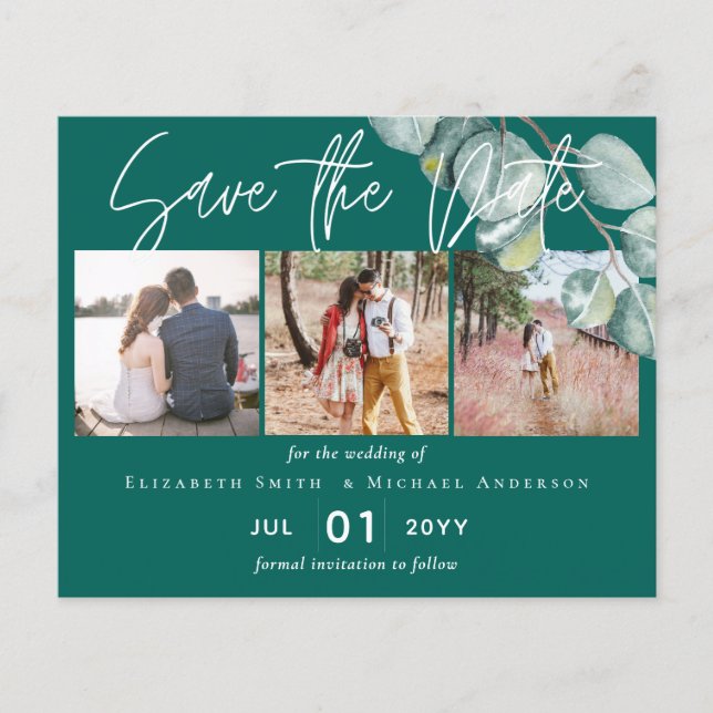 Low Budget TEAL White EUCALYPTUS Wedding Flyer (Front)