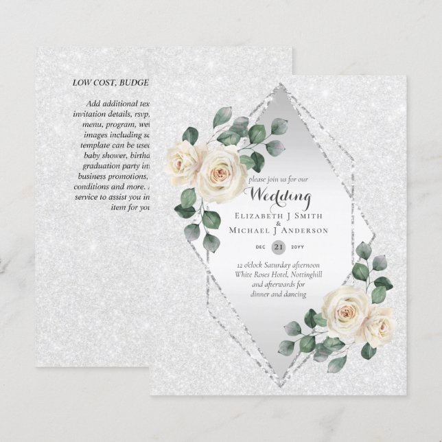 Low Budget White Rose Diamond Frame Wedding Invite (Front/Back)