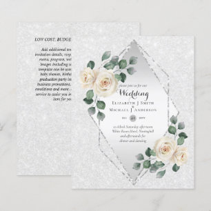 Low Budget White Rose Diamond Frame Wedding Invite