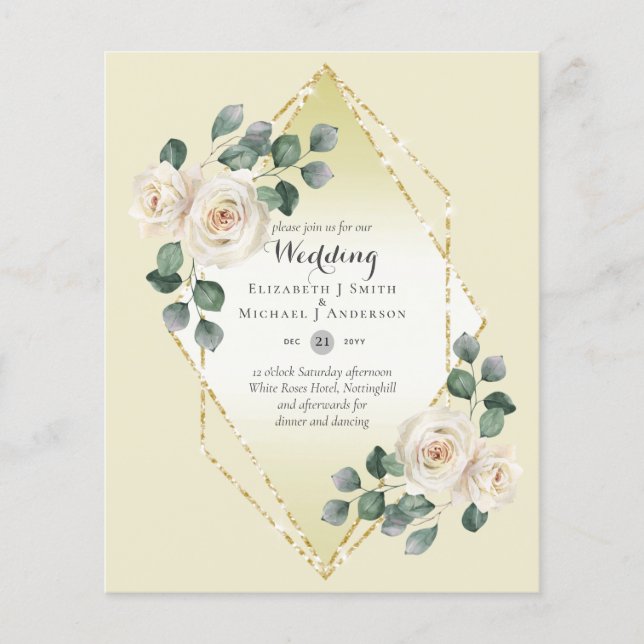 Low Budget White Rose Diamond Frame Wedding Invite Flyer (Front)