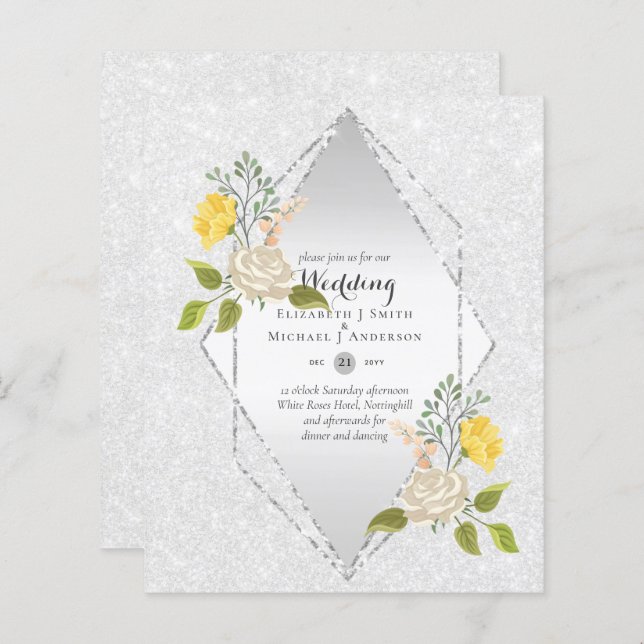 LOW BUDGET White Rose Yellow Flower Wedding Invite (Front/Back)