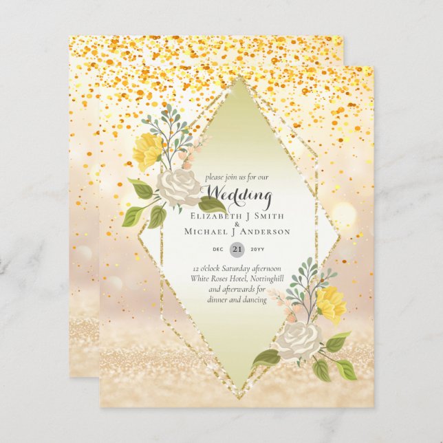 LOW BUDGET White Rose Yellow Flower Wedding Invite (Front/Back)