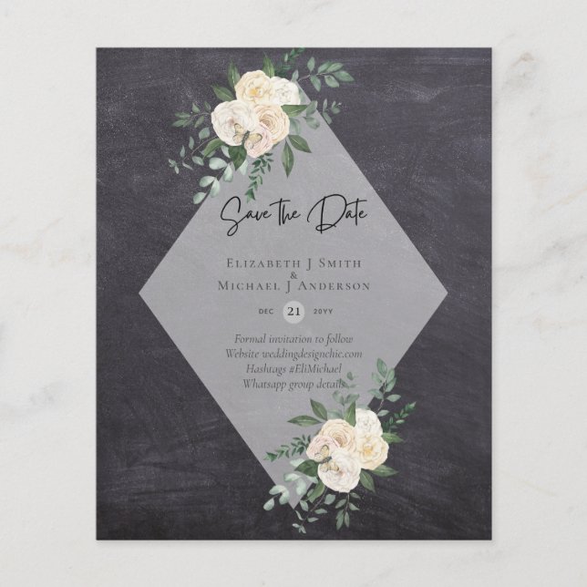 LOW BUDGET White Roses SAVE THE DATES Modern Flyer (Front)