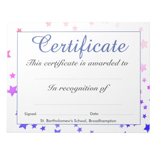 Low Cost School Certificate Sheets Notepad (Front)